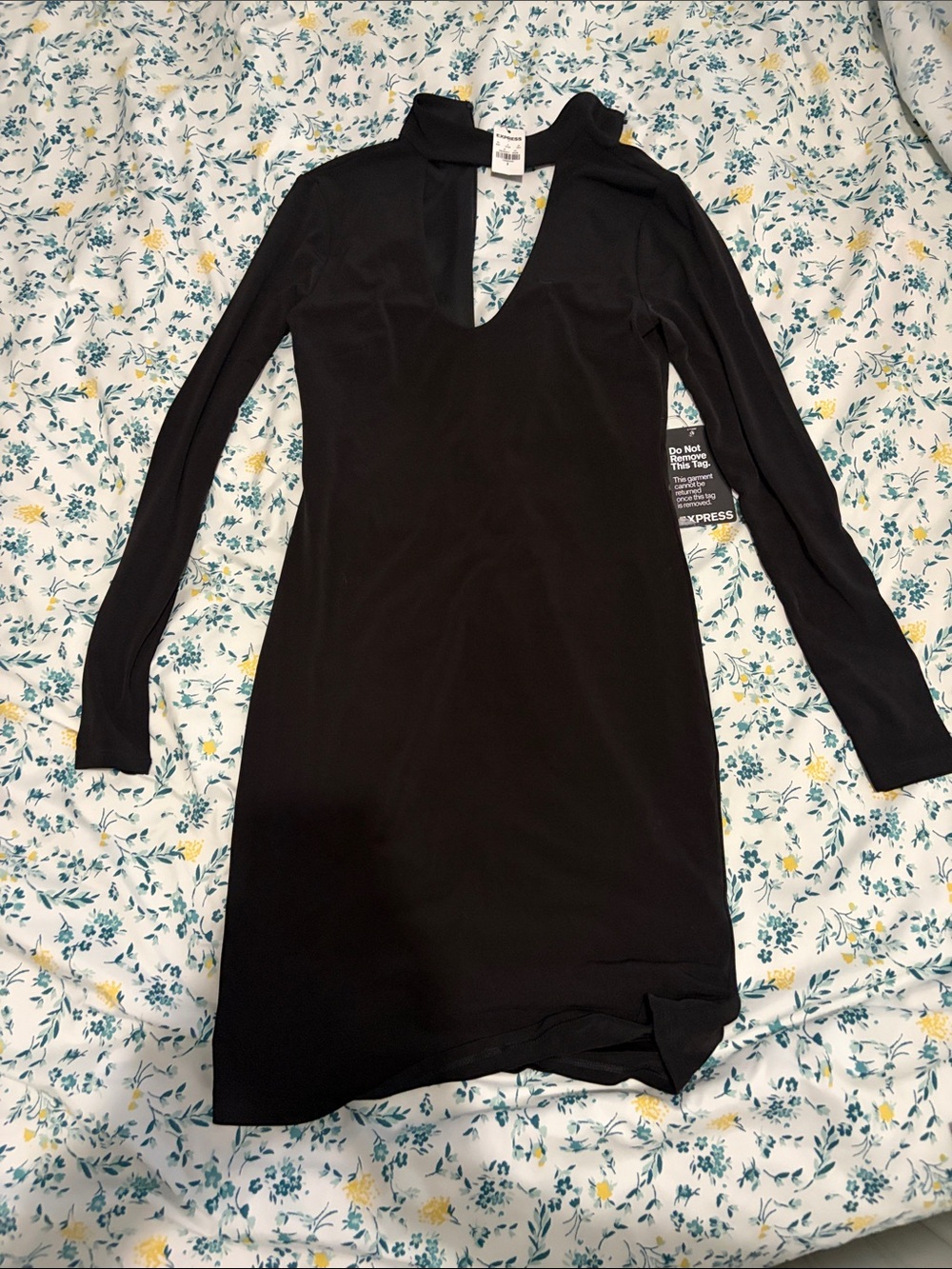 Express Black Long-Sleeve Mock Neck Dress with Front Cutout